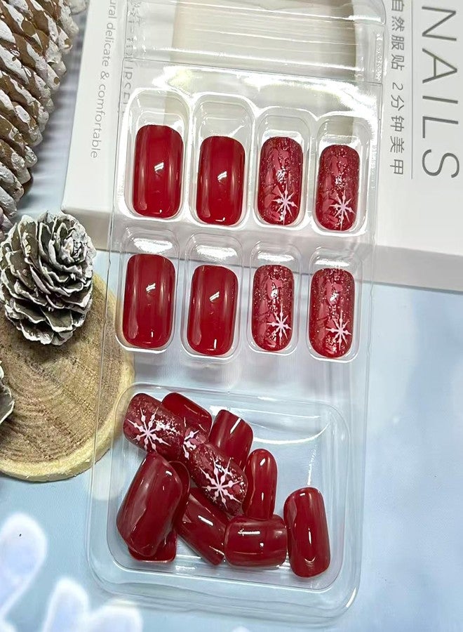 Vopintpy Red Christmas Press on Nails Short Square Winter Fake Nails Xmas Snowflake Acrylic False Nail Glossy Artificial Glue on Nail for Women DIY Manicure Decor - Image 4